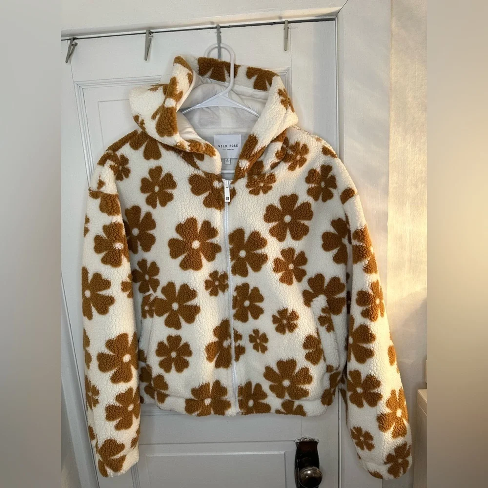 Wild Rose Women’s Floral Puffer Jacket - Brown and White